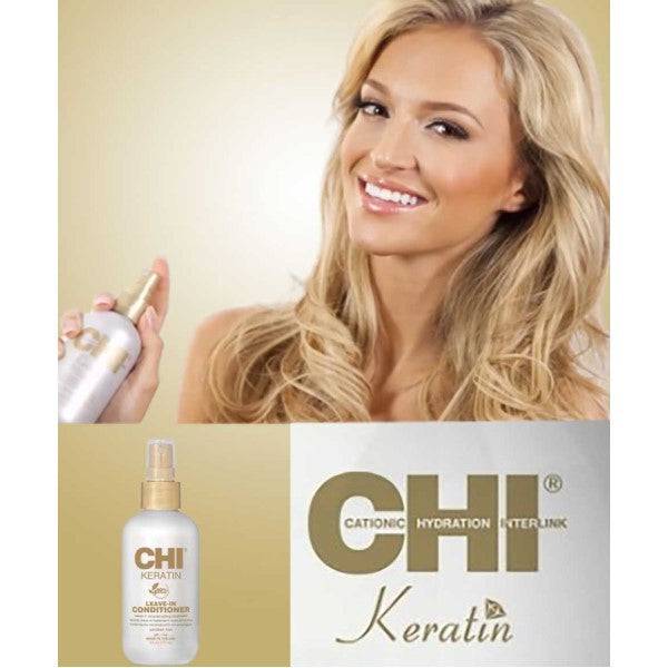 Farouk Systems CHI Keratin Leave-In Conditioner bottle, smooth and sleek packaging for nourishing hair care.