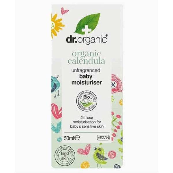 Dr Organic Organic Calendula Baby Moisturiser in a pump bottle, featuring soothing, unfragranced skin care for sensitive baby skin.