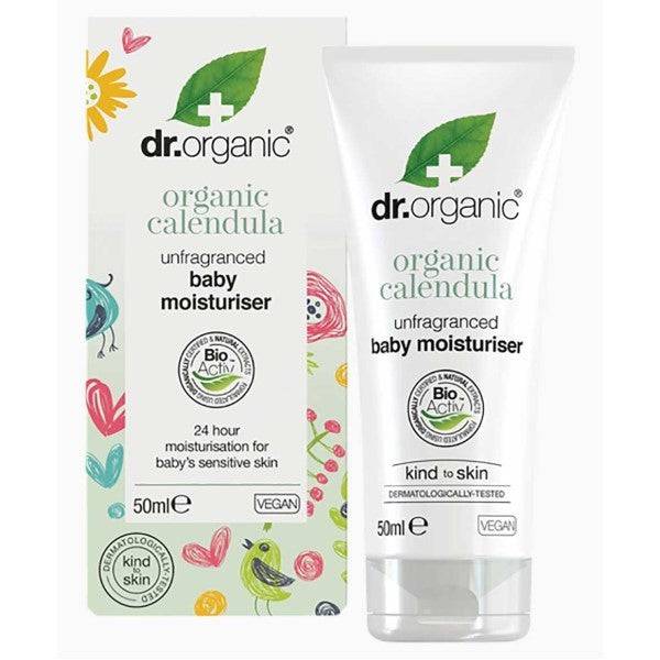 Dr Organic organic calendula unfragranced baby moisturizer in a pump bottle, showing soothing skin care for sensitive baby skin.