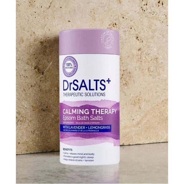 Bath and shower image featuring Dr Salts Calming Therapy Epsom Bath Salts in a clear jar with a scoop, designed for relaxing baths.