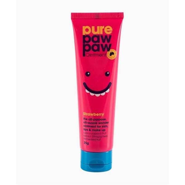 Pure Paw Paw Strawberry Lip Care ointment tube with red and white packaging, designed for moisturizing and nourishing lips.