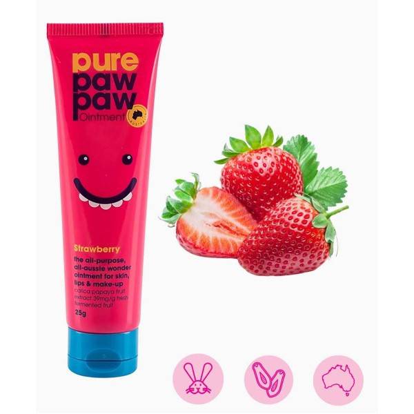 Pure Paw Paw Strawberry Lip Care ointment tube with a bright label and a twist-off cap, designed for nourishing and moisturizing lips.