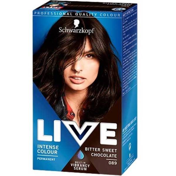 Schwarzkopf Live Color Intense permanent hair dye in Bitter Sweet Chocolate shade, showcasing rich, deep brown hair color.