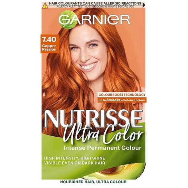 Garnier Nutrisse Ultra Color 7.40 Copper Passion permanent hair color in a tube, showing vibrant copper shade for long-lasting results.