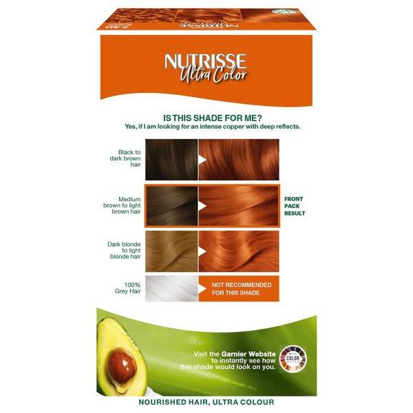 Garnier Nutrisse Ultra Color 7.40 Copper Passion permanent hair color tube with vibrant copper shade and branding.