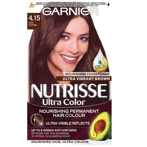 Garnier Nutrisse Ultra Color permanent hair dye in Iced Coffee shade, nourishing hair color cream for rich, natural-looking brown hair.