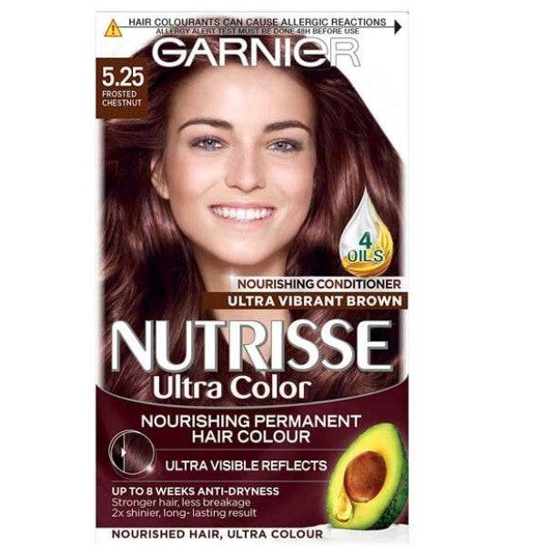 Garnier Nutrisse Ultra Permanent Nourishing Hair Colour in 5.25 Frosted Chestnut, showing the hair color tube and application process.