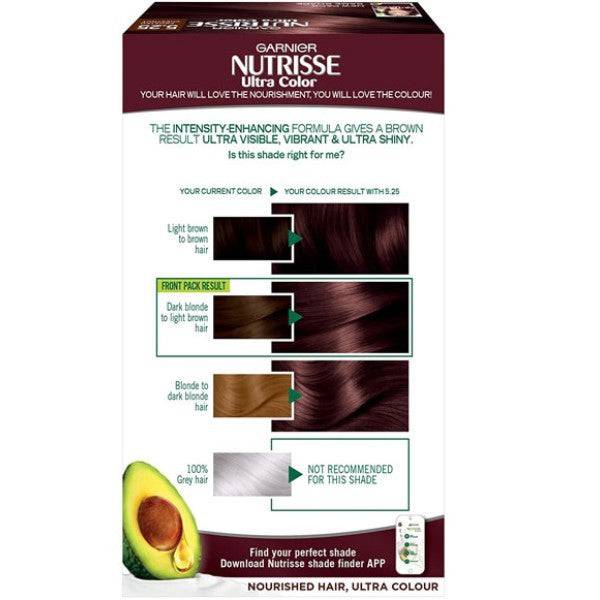 Garnier Nutrisse Ultra Permanent Nourishing Hair Colour in 5.25 Frosted Chestnut showing a tube of hair dye and packaging.