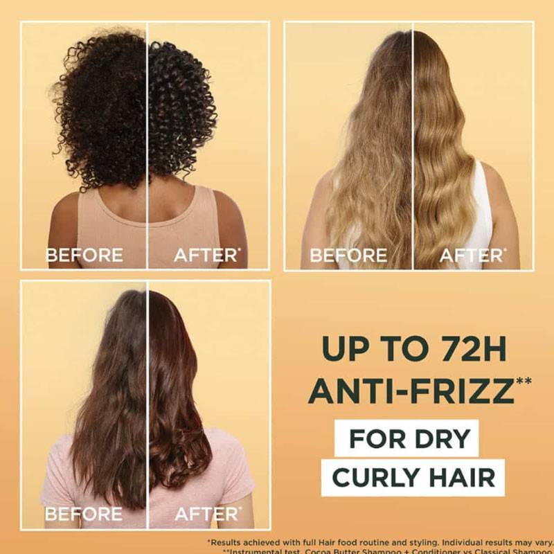 Garnier Ultimate Blends Cocoa Butter Hair Food curl restoring shampoo bottle on a plain background