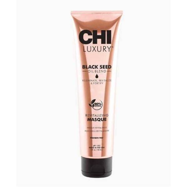 Farouk Systems CHI Luxury Black Seed Oil Blend Revitalizing Hair Treatment masque in a jar, nourishing and revitalizing hair care product.