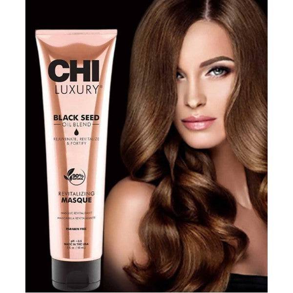 Farouk Systems CHI Luxury Black Seed Oil Blend Revitalizing Hair Treatment masque in a jar, designed to nourish and revitalize hair.