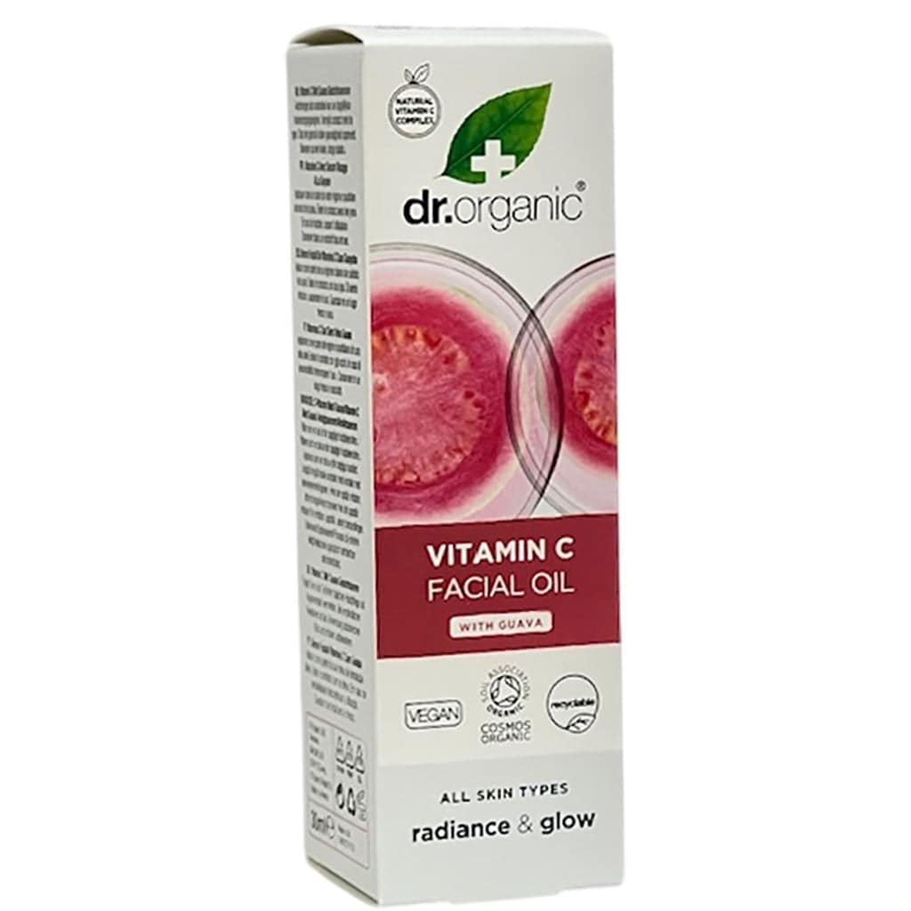 Dr Organic Organic Guava Brightening Facial Serum in a dropper bottle with a vibrant guava fruit background.