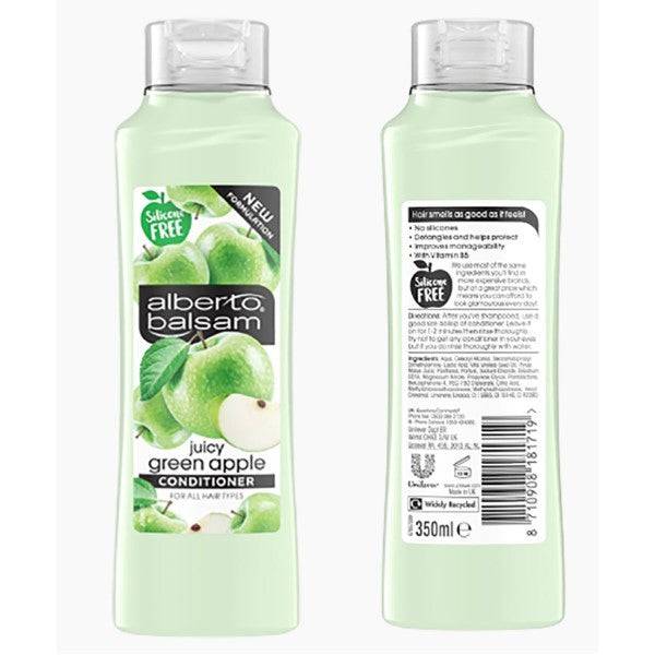 Alberto Balsam Juicy Green Apple refreshing conditioner bottle with green apple imagery and product label.