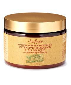 Shea Moisture Manuka Honey and Mafura Oil Intensive Hydration Hair Masque in a jar, creamy hair treatment for deep conditioning.
