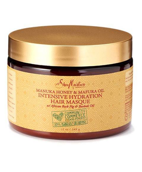 Shea Moisture Manuka Honey and Mafura Oil intensive hydration hair masque in a jar, designed for deep conditioning hair treatment.