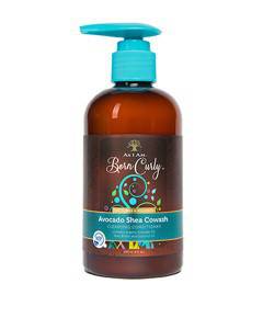 As I Am Born Curly Avocado Shea Cowash hair treatment bottle with labels, suitable for curly hair cleansing and conditioning.