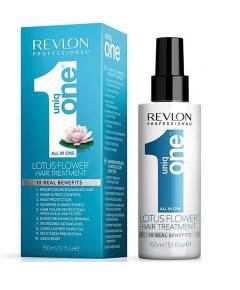 Revlon Uniq One All In One Lotus Flower Hair Treatment bottle with product details and floral design on the label.