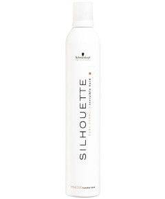 Schwarzkopf Silhouette Flexible Hold Mousse for hair styling, showing the mousse bottle with a pump dispenser and hair care branding.