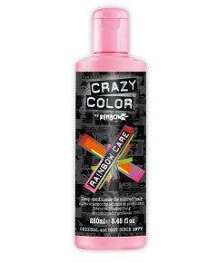 Renbow Crazy Color Rainbow Care deep conditioner for colored hair, showing vibrant packaging and creamy texture.