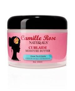 Camille Rose Naturals Curlaide Moisture Butter hair treatment jar with textured label and creamy product inside.