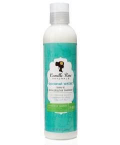 Camille Rose Naturals coconut water leave-in detangling hair treatment in a clear bottle with a pump dispenser, suitable for all hair types.