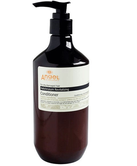 Angel En Provence Angel Helichrysum Revitalizing Conditioner bottle with pump dispenser, creamy texture, and herbal label.
