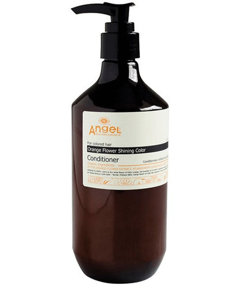 Angel En Provence Angel Orange Flower shining color conditioner bottle with floral design and orange accents.