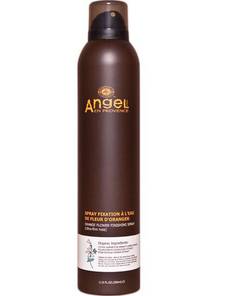 Angel En Provence Angel Orange Flower Hair Spray finishing spray in a clear bottle with orange flower design and spray nozzle.