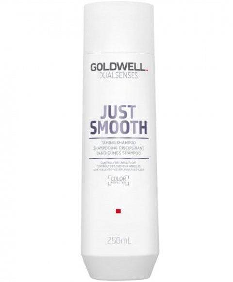 Goldwell Dualsenses Just Smooth Taming Shampoo bottle with sleek design and gold accents, ideal for smoothing and taming hair.