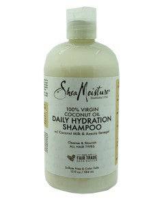 Shea Moisture Virgin Coconut Oil Daily Hydration Shampoo bottle with label, designed for nourishing and moisturizing hair.