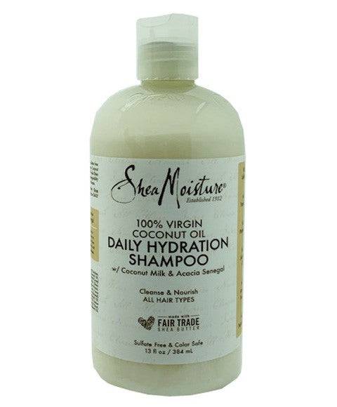 Shea Moisture 100% Virgin Coconut Oil Daily Hydration Shampoo bottle, rich formula for nourishing and moisturizing hair.