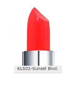 Kiss New York Professional Moisture Lipstick KLS02 Sunset Blvd in vibrant coral shade, smooth lipstick tube with glossy finish.