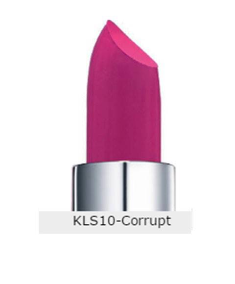 Kiss New York Professional Moisture Lipstick KLS10 Corrupt in deep burgundy, showing smooth lipstick application on lips.