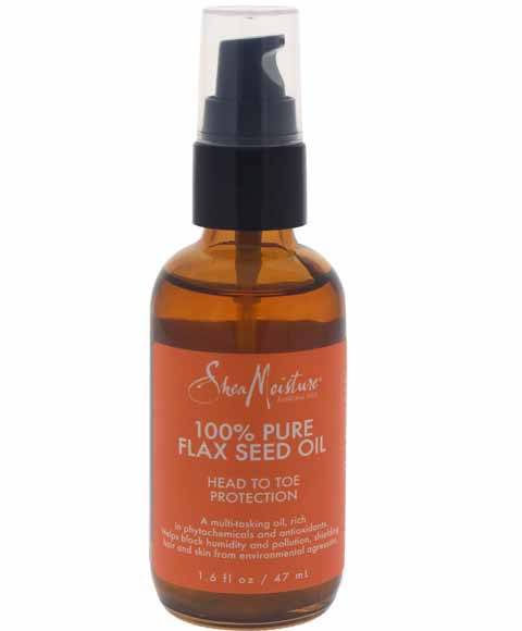 Shea Moisture 100% pure flax seed oil hair treatment bottle with a white cap and clear label, ideal for nourishing hair.
