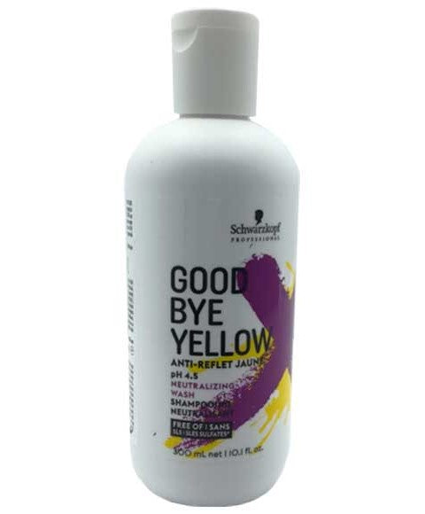 Schwarzkopf Good Bye Yellow PH 4.5 neutralizing shampoo bottle with label and pump dispenser, designed to tone blonde hair.