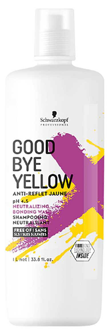 Schwarzkopf Good Bye Yellow PH 4.5 neutralizing shampoo bottle with label, designed to reduce yellow tones in blonde hair.