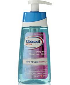 Clearasil Ultra Rapid Action Daily Gel Wash for bath and shower, showing the gel texture and packaging in a bathroom setting.