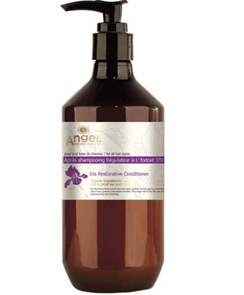 Angel Iris Restorative Conditioner bottle from Angel En Provence with a sleek design and floral label, suitable for nourishing hair.