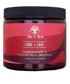 as I Am Long and Luxe Growash cleansing creme conditioner for healthy, moisturized hair, shown in a bottle with creamy texture
