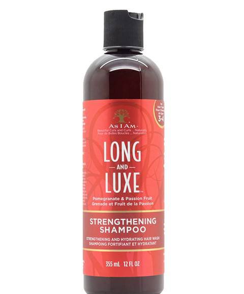 As I Am Long And Luxe Strengthening Shampoo bottle, natural hair care product with nourishing formula for healthy hair.