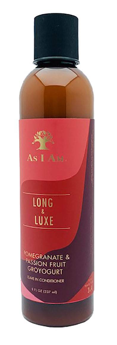 As I Am Long And Luxe Gro Yogurt Leave-In Conditioner bottle with label, creamy conditioner for nourishing hair.