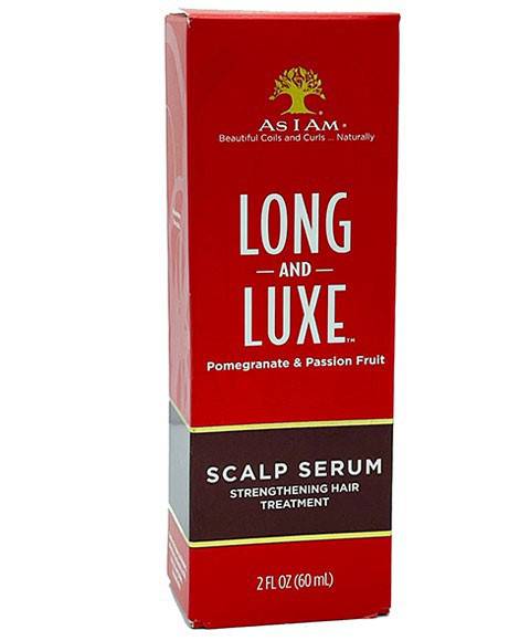 as I Am Long And Luxe Scalp Serum, hair serum and oil in a clear bottle with dropper applicator, designed for healthy scalp and hair growth