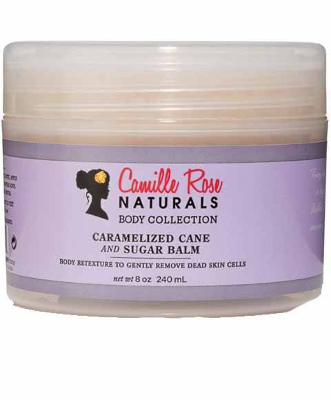 Camille Rose Naturals caramelized cane and sugar balm moisturizer in a jar, showing its creamy texture and natural ingredients.