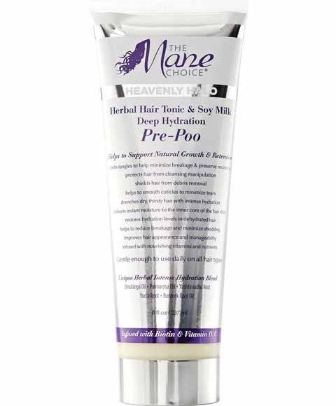 The Mane Choice Heavenly Halo Deep Hydration Pre Poo hair treatment bottle with label, designed for deep moisturizing hair care.