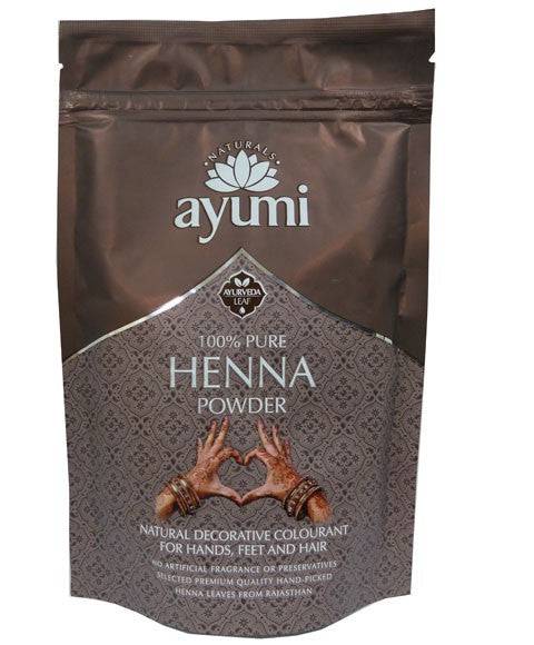 Ayumi Naturals 100% Pure Henna Powder for hair coloring and bleaching, showing vibrant green henna leaves and powder in a bowl.