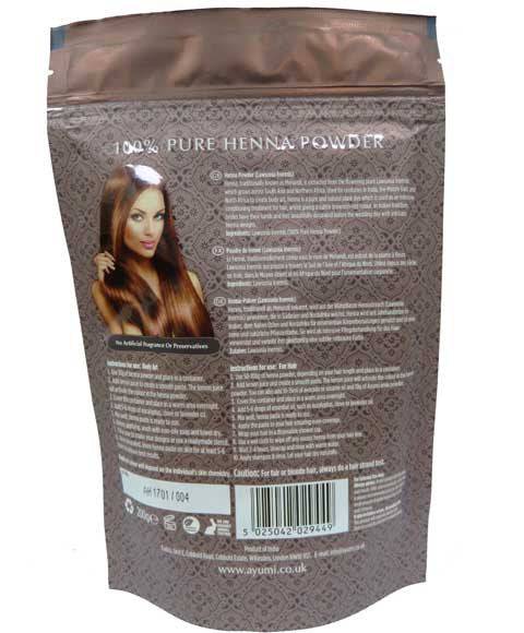 Ayumi Naturals 100% Pure Henna Powder for hair coloring and bleaching, showing vibrant green henna leaves and powder in a bowl.
