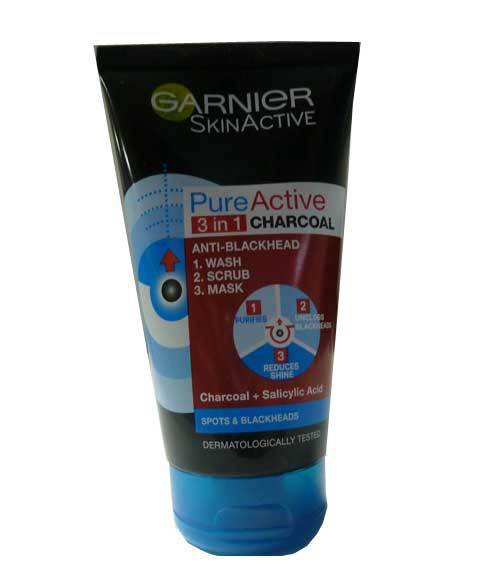 Garnier Skin Active Pure Active 3-in-1 charcoal wash for face, body, and hair with black charcoal and deep cleansing properties.