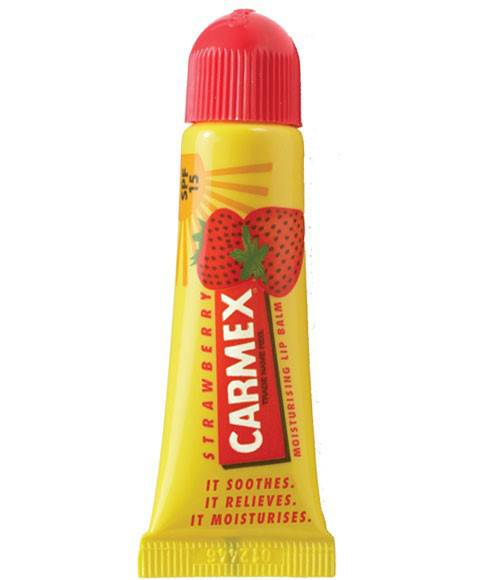 Carmex Moisturising Lip Balm Tube in strawberry flavor, a lip care product from Carma Laboratories, showing the red balm tube.