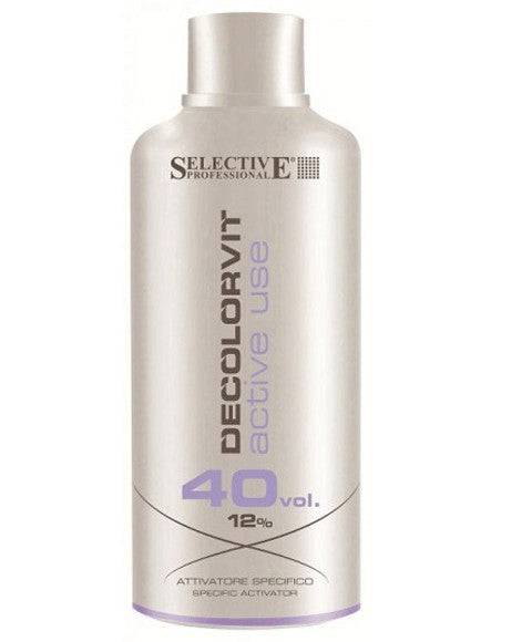 Decolorvit Active Use Activator for hair color and bleach by Selective Professional, showing the liquid product bottle.
