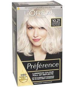 Loreal Preference Infinia Permanent Hair Color 10.21 Stockholm, showcasing the vibrant blonde shade in a tube.